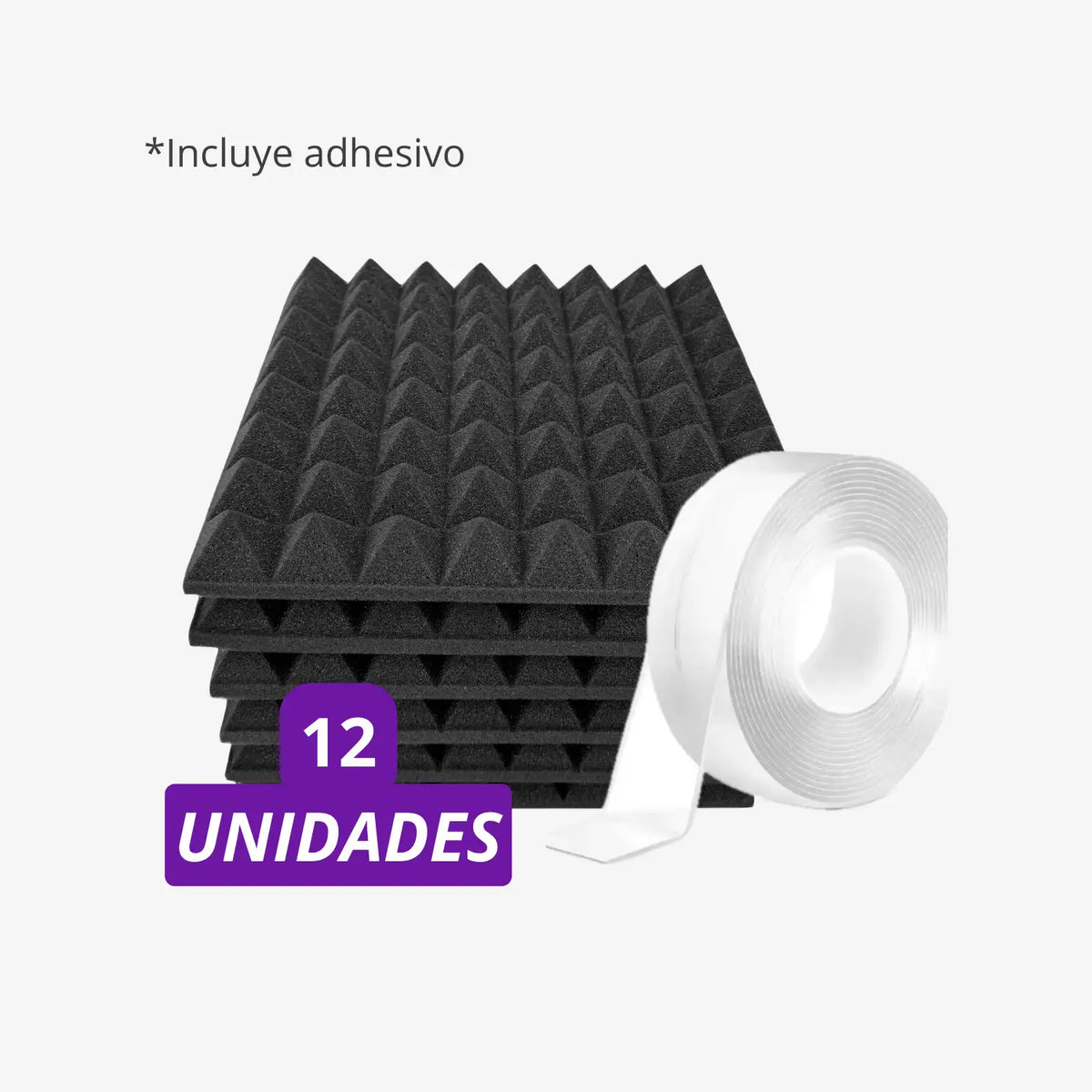 Pack espuma piramidal de 12 unidades con cinta para tratar eco en fondo blanco
