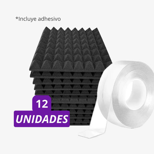 Pack espuma piramidal de 12 unidades con cinta para tratar eco en fondo blanco