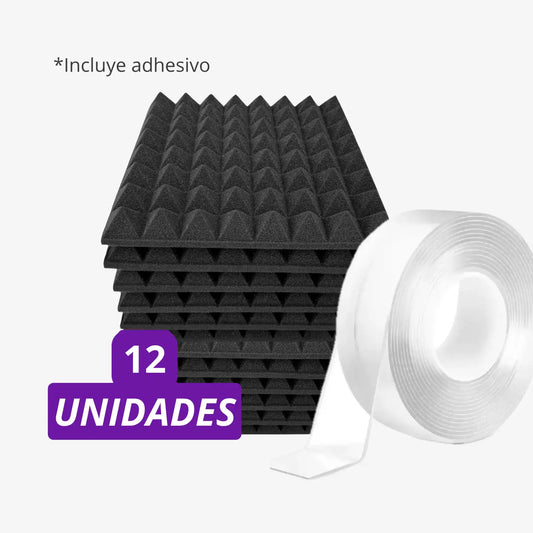 Pack espuma piramidal de 12 unidades con cinta para tratar eco en fondo blanco