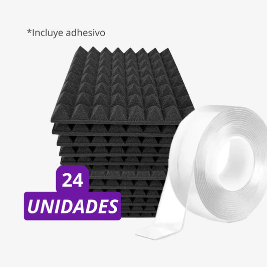 Pack espuma piramidal 24 unidades con cinta para tratar eco en fondo blanco