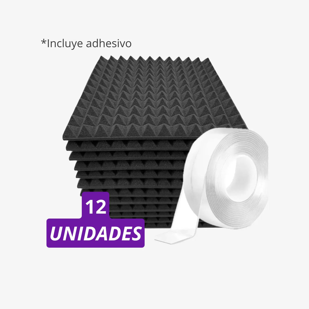 Pack espuma premium 12 unidades con cinta para tratar eco en fondo blanco